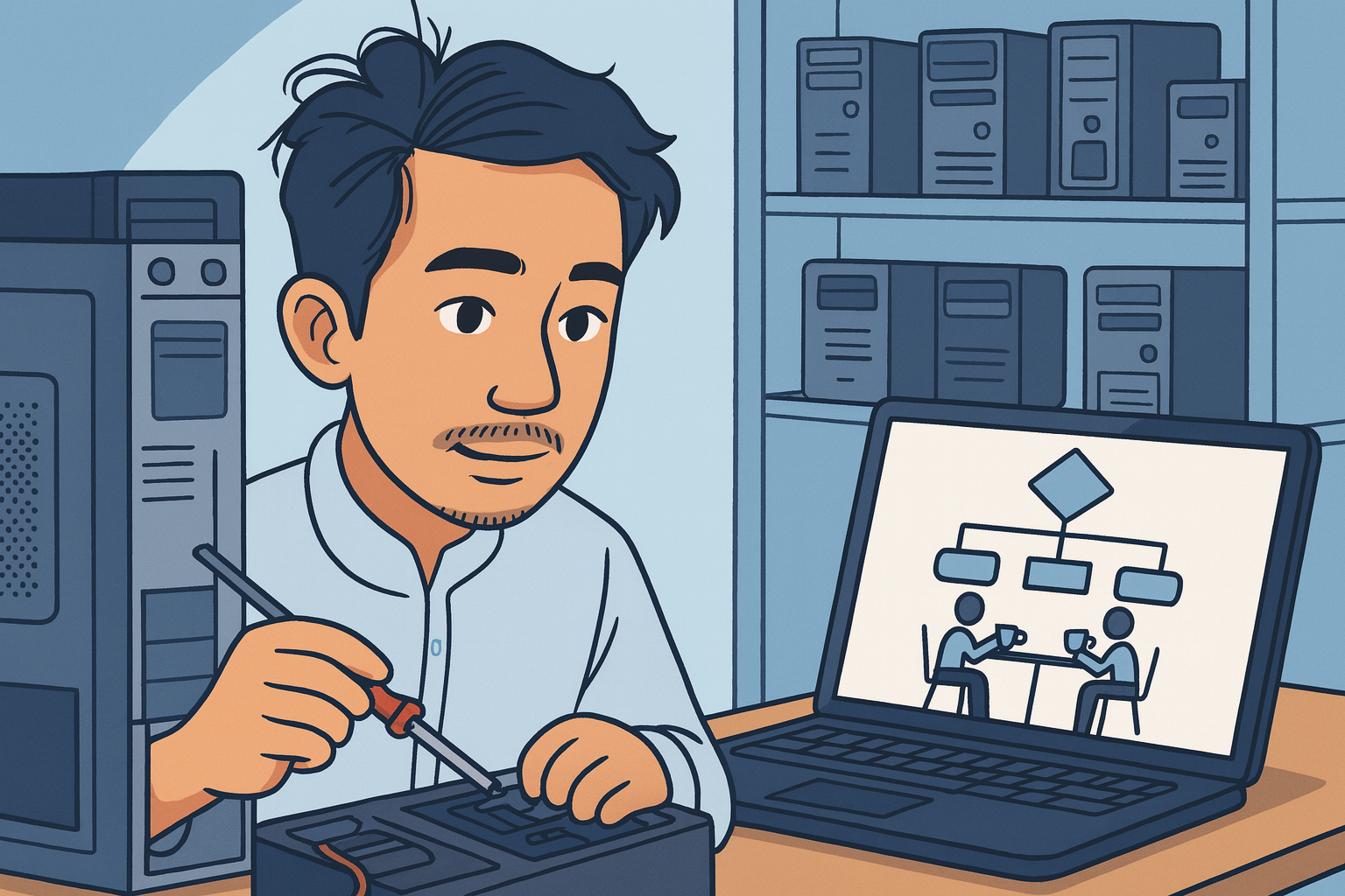 technician cartoon working on computer